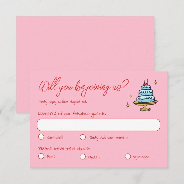 Farbenfrohe Rosa Hand Drawn Funky Writing Wedding RSVP Karte (Vorne/Hinten)