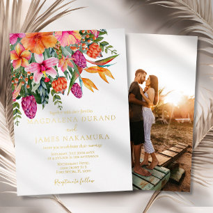 farbenfrohe Rosa Orange Foto Hochzeit mit tropisch Folieneinladung