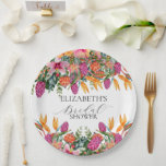 Farbenfrohe rosa orangefarbenes tropisches Brautpa Pappteller<br><div class="desc">Das lebendige Aquarellbild mit tropischen Blume in Rosa und Orange mit Blätter aus Palmen und anderen Grünpflanzen aus tropischen Paradies. Zu den Blume der Anlage zählen Paradies,  Orchideen,  Plumeria und Hibiskus.</div>