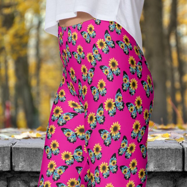 Farbenfrohe rosa Schmetterling-Muster Leggings (Butterfly Flowers on Hot Pink)