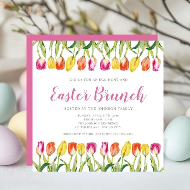 Farbenfrohe rosa Tulip Osterfeier Einladung (Colorful Pink Tulip Easter Brunch Invitation)