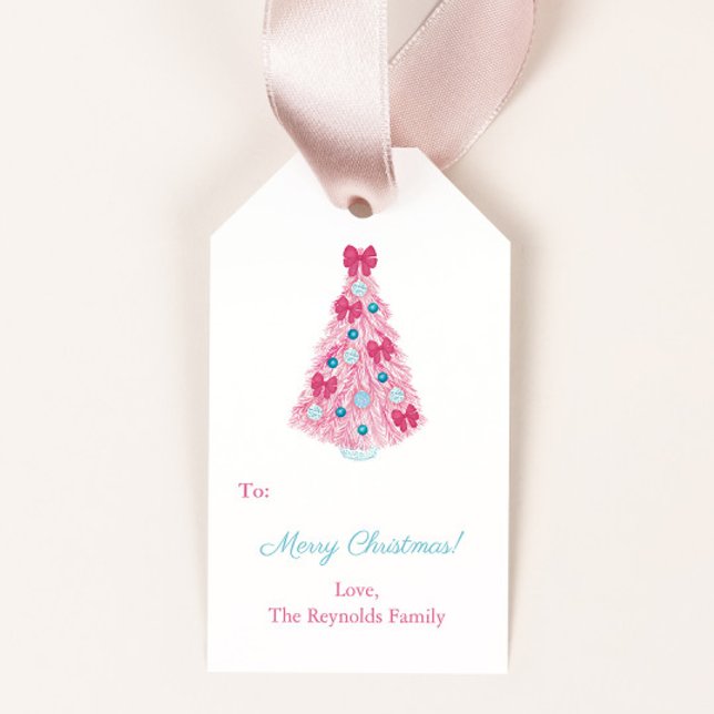 Farbenfrohe Rosa und Aqua Frohe Weihnachten Geschenkanhänger (Pink holidays tree decorated in teal and mint merry christmas gift tags)