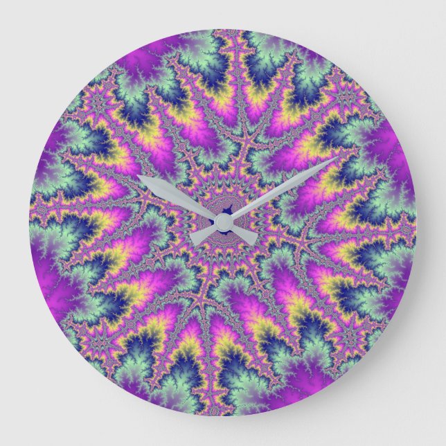 Farbenfrohe Rosa und Minzgrün-Regenbogen-Fraktal Große Wanduhr (Vorderseite)