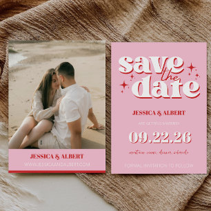 Farbenfrohe rosa und rote Retro-Groovy-70er-Hochze Save The Date