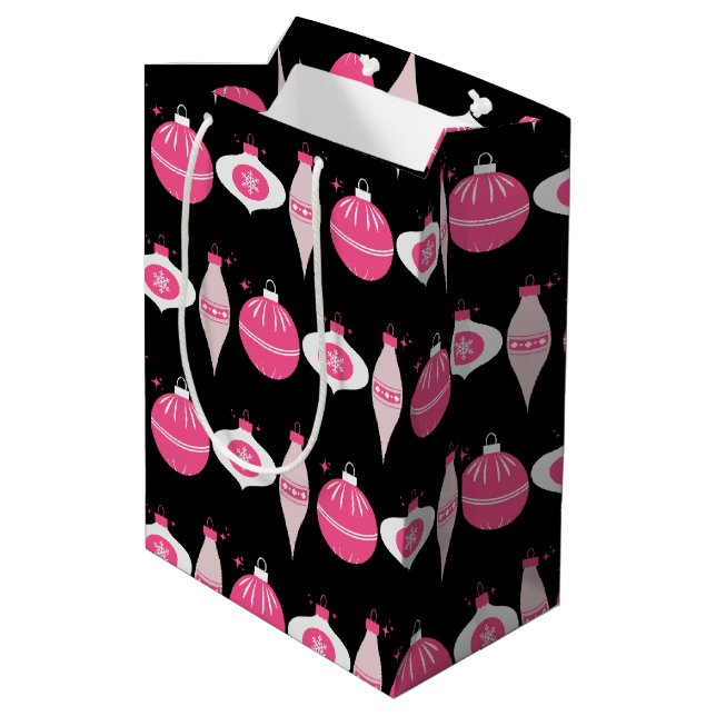 Farbenfrohe, rosa und schwarze Weihnachtspapiere Mittlere Geschenktüte (Rückseite Schrägansicht)