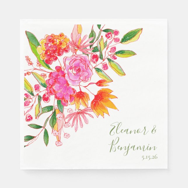 Farbenfrohe rosa Wasserfarben Gewohnte Hochzeit Serviette (Vorderseite)