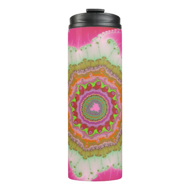 Farbenfrohe rosa, weiße und grüne Fraktal Thermosbecher (Vorderseite)