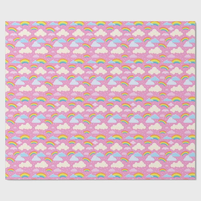 Farbenfrohe rosa Wolken und Regenbogen Geschenkpapier (Flach)