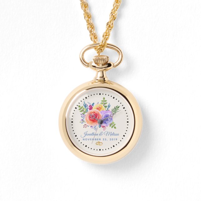 Farbenfrohe Rose Hochzeit mit floralen Wasserfarbe Armbanduhr (Vorderseite)