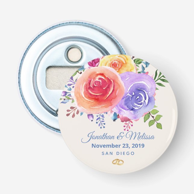 Farbenfrohe Rose Hochzeit mit floralen Wasserfarbe Flaschenöffner (Vorderseite)