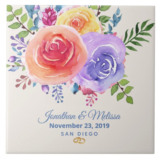 Farbenfrohe Rose Hochzeit mit floralen Wasserfarbe Fliese (Vorderseite)