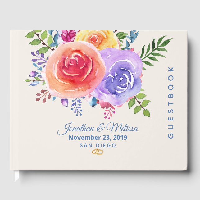 Farbenfrohe Rose Hochzeit mit floralen Wasserfarbe Gästebuch (Vorderseite)
