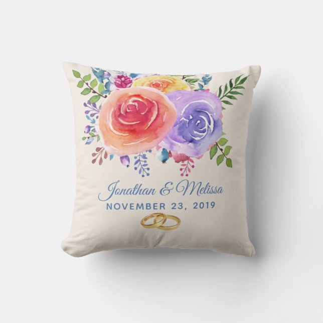 Farbenfrohe Rose Hochzeit mit floralen Wasserfarbe Kissen (Vorderseite)
