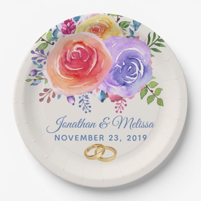 Farbenfrohe Rose Hochzeit mit floralen Wasserfarbe Pappteller (Vorderseite)