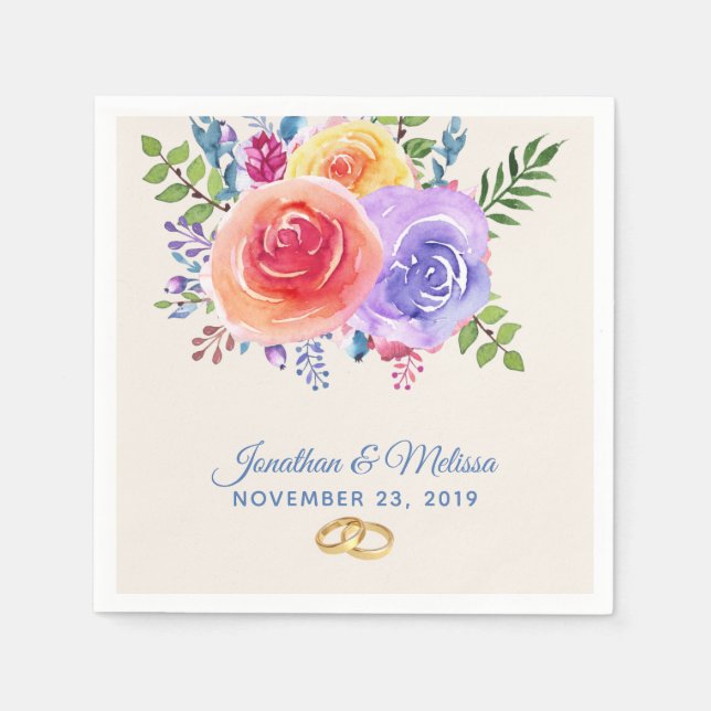 Farbenfrohe Rose Hochzeit mit floralen Wasserfarbe Serviette (Vorderseite)