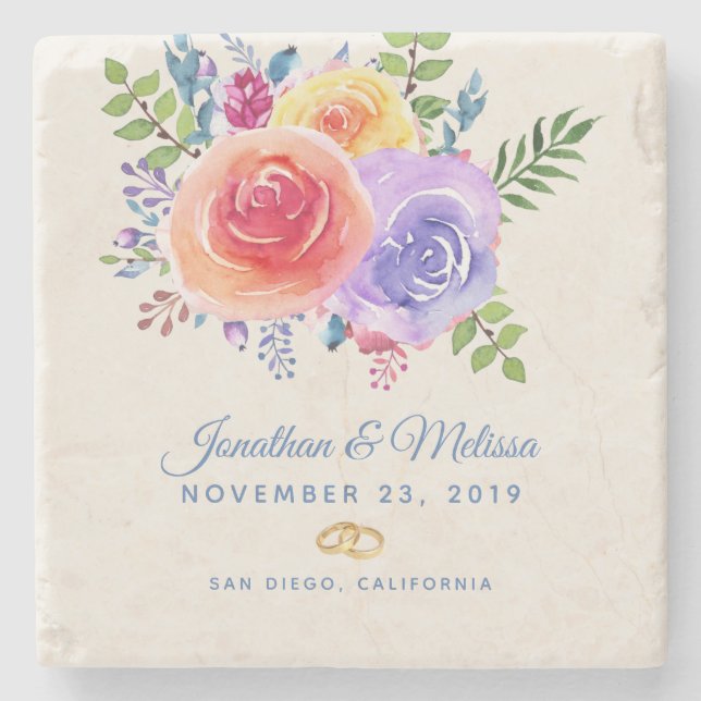 Farbenfrohe Rose Hochzeit mit floralen Wasserfarbe Steinuntersetzer (Vorderseite)