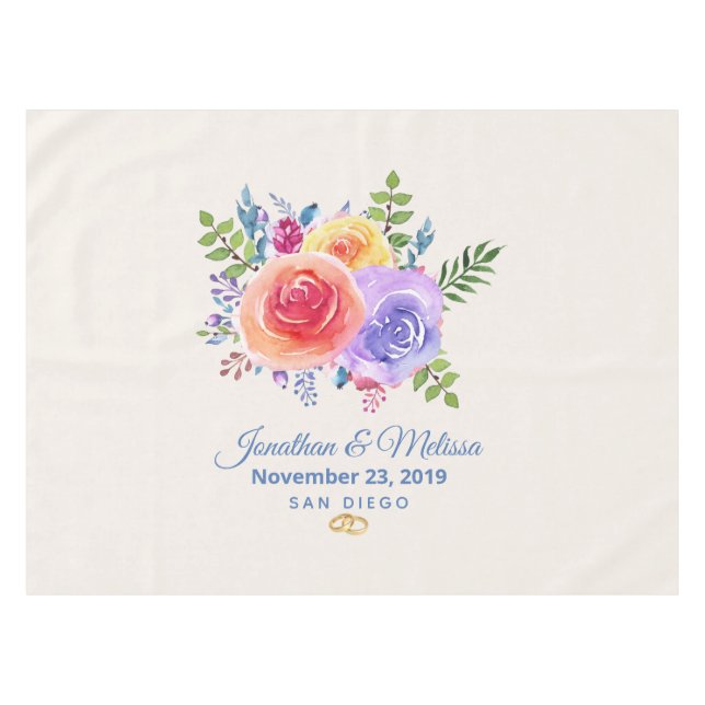 Farbenfrohe Rose Hochzeit mit floralen Wasserfarbe Tischdecke (Vorderseite (Horizontal))