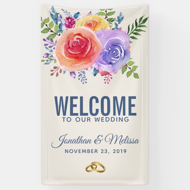 Farbenfrohe Rose Hochzeitsfeier mit Blumenbeete Banner (Vertikal)
