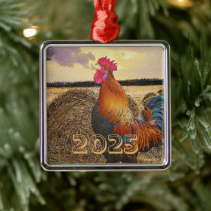 Farbenfrohe Roster Crowing, Hay Bale, Field Ornament Aus Metall