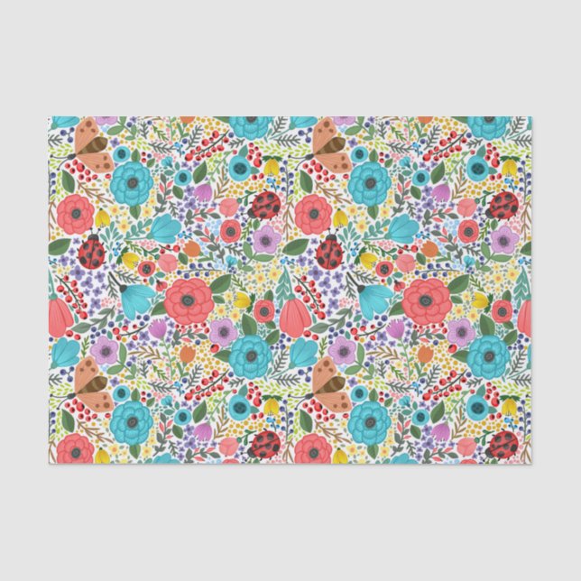Farbenfrohe Rot-Blau-Blume und Ladybugs Seidenpapier (Vorderseite)