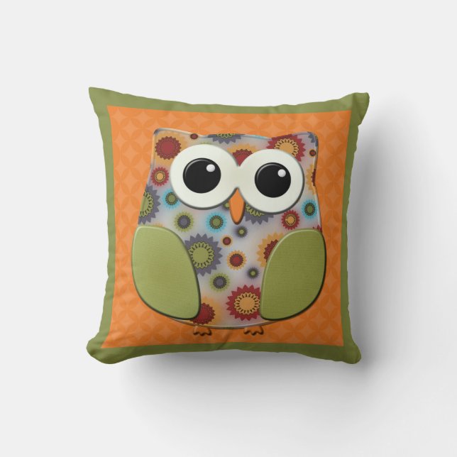 Farbenfrohe Rot Blau Lila Owl Orange Grünes Kissen (Vorderseite)
