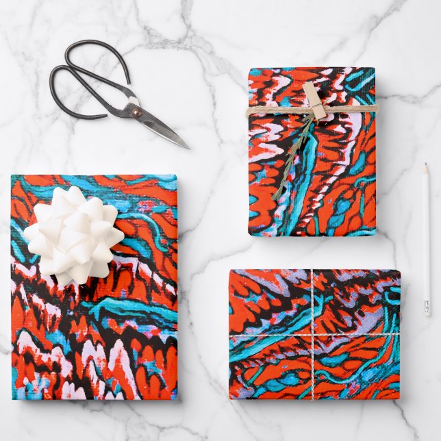 Farbenfrohe rot-blaue magische Wälder Geschenkpapier Set (Vorderseite)