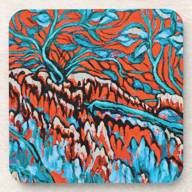 Farbenfrohe rot-blaue magische Wälder Getränkeuntersetzer (Vorderseite)