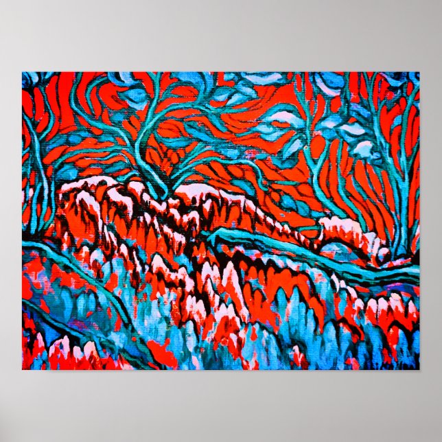 Farbenfrohe rot-blaue magische Wälder Poster (Vorne)