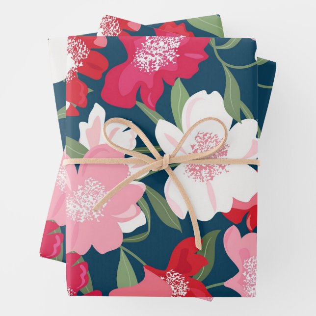 Farbenfrohe rote Blumenmuster Blau Geschenkpapier Set (Beispiel)