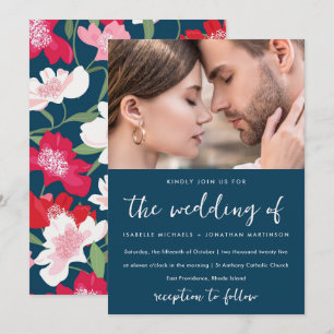 Farbenfrohe rote Blumenmuster Foto Hochzeit Blau Einladung