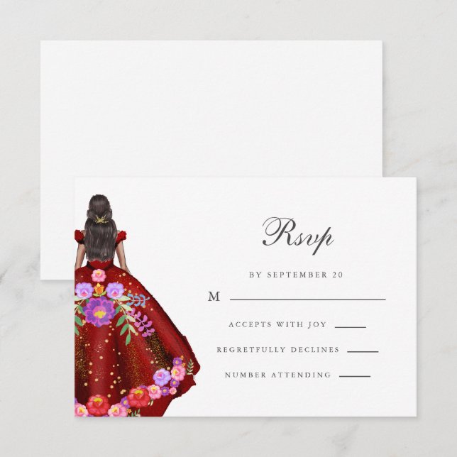 Farbenfrohe Rote Fiesta Blumenkalligraphie Quincea RSVP Karte (Vorne/Hinten)