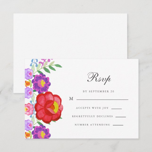 Farbenfrohe Rote Fiesta Blumenkalligraphie Quincea RSVP Karte (Vorne/Hinten)