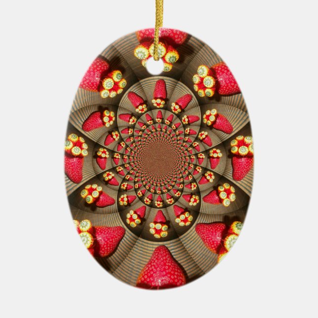 Farbenfrohe Rote Freude: Strawberry Kaleidoskop Ku Keramikornament (Vorne)