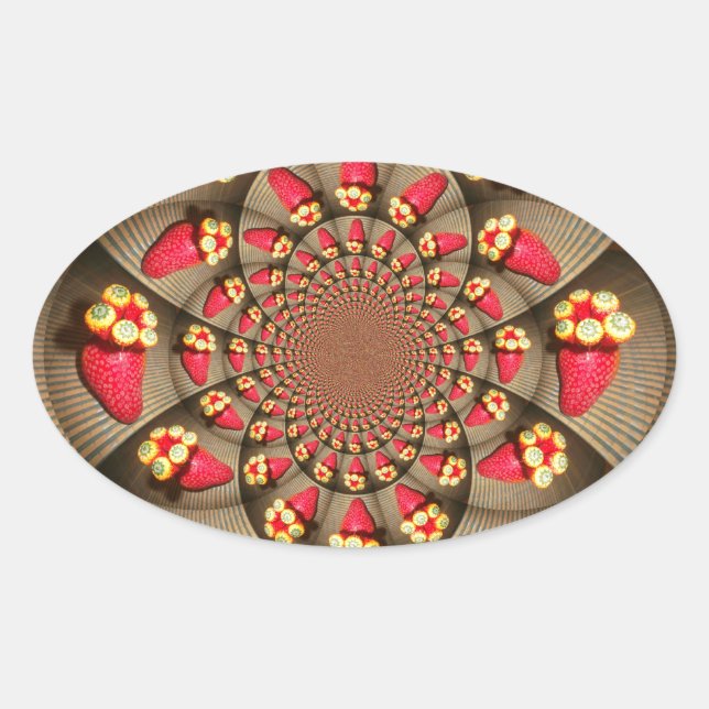 Farbenfrohe Rote Freude: Strawberry Kaleidoskop Ku Ovaler Aufkleber (Vorderseite)