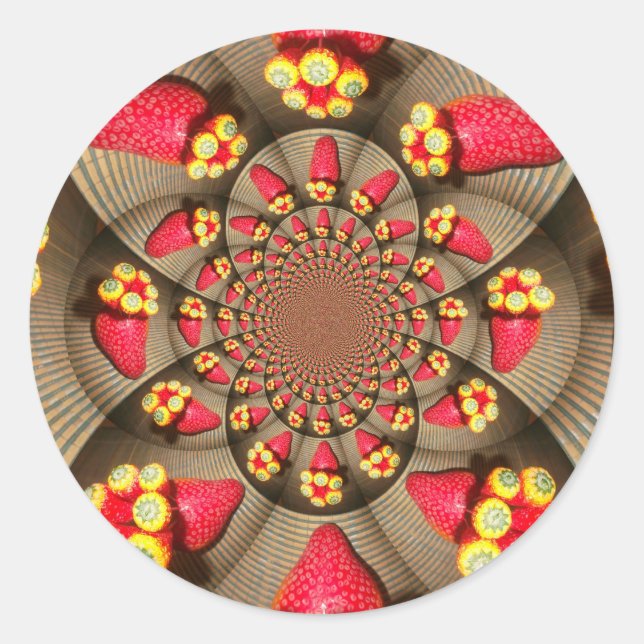 Farbenfrohe Rote Freude: Strawberry Kaleidoskop Ku Runder Aufkleber (Vorderseite)