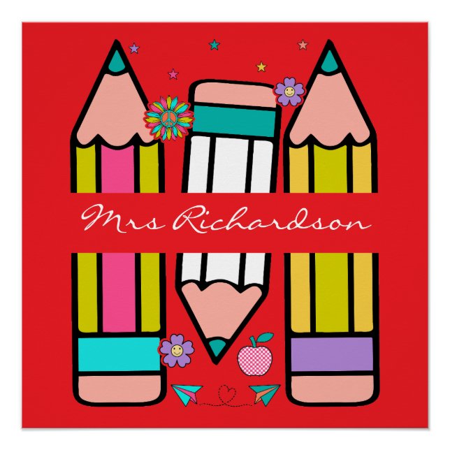 Farbenfrohe rote Lehrerin Cartoon Stift Poster (Vorderseite)