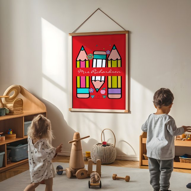 Farbenfrohe rote Lehrerin Cartoon Stift Poster (Von Creator hochgeladen)