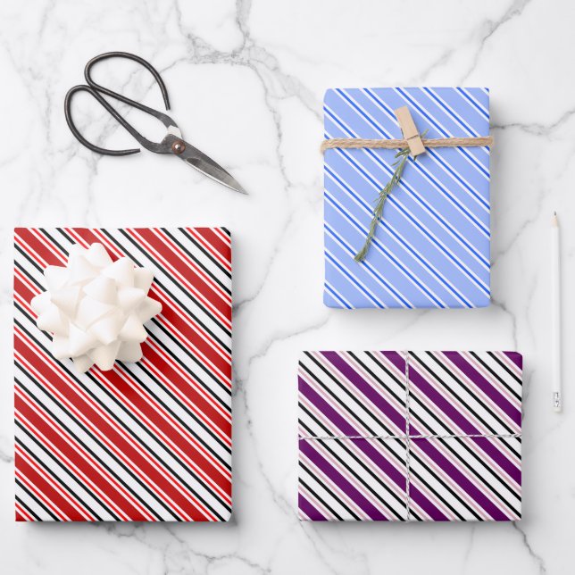 Farbenfrohe rote Lila-blaue Streifenmuster Geschenkpapier Set (Vorderseite)