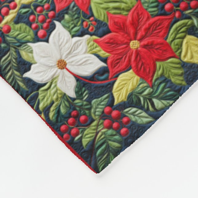 Farbenfrohe rote weiße Poinsettia Quilmuster Fleecedecke (Ecke)