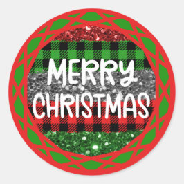 Farbenfrohe Rustikale Retro Weihnachten Kariert & Runder Aufkleber