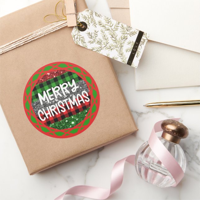 Farbenfrohe Rustikale Retro Weihnachten Kariert &  Runder Aufkleber (Schenken)