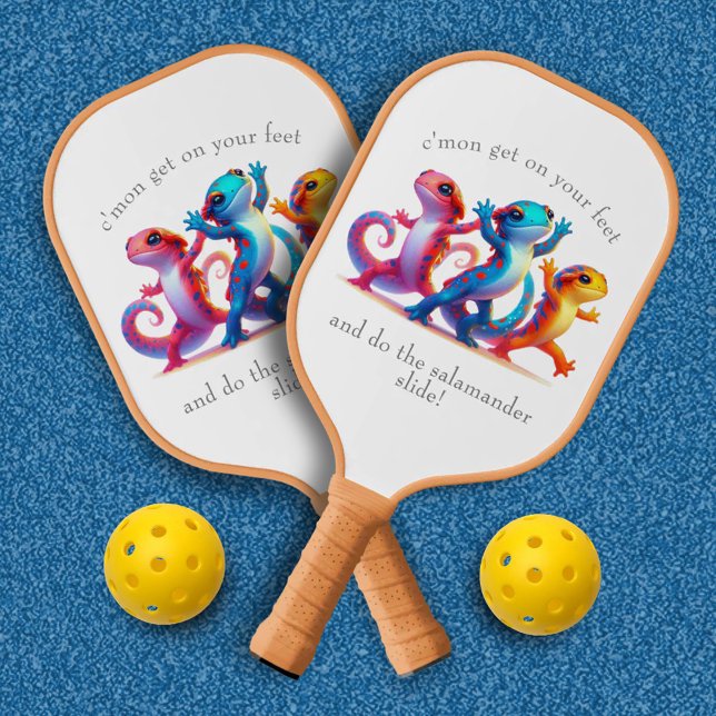 Farbenfrohe Salamander machen Salamander Slide Pickleball Schläger (Dancing Salamanders Pickleball Paddle (Back and Front) Cover Photo)