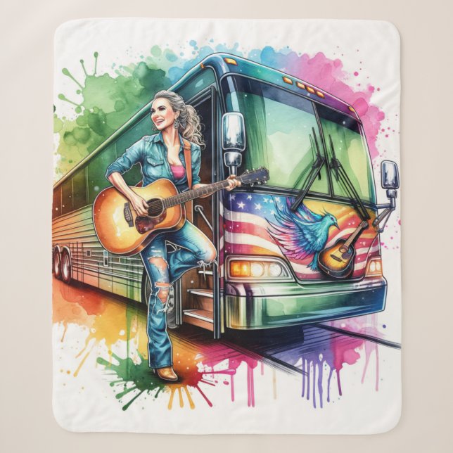 Farbenfrohe Sängerin mit Gitarre und Reisebus nach Sherpadecke (Vorderseite)