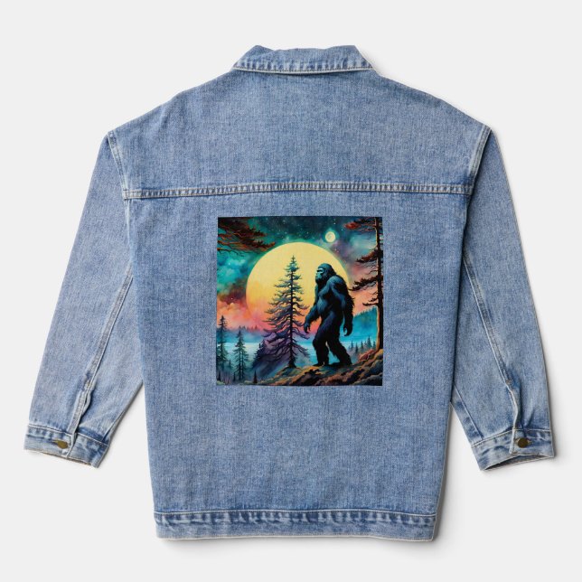 Farbenfrohe Sasquatsch Vollmond Pine Tree Jeansjacke (Rückseite)