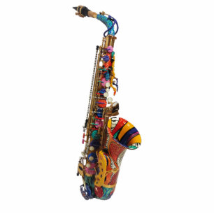 Farbenfrohe Saxophone Akryllische Statue von Julee Freistehende Fotoskulptur