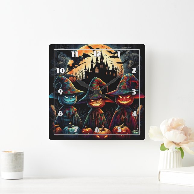 Farbenfrohe Scharecrow-Trio mit Vollmond Quadratische Wanduhr (Zuhause)