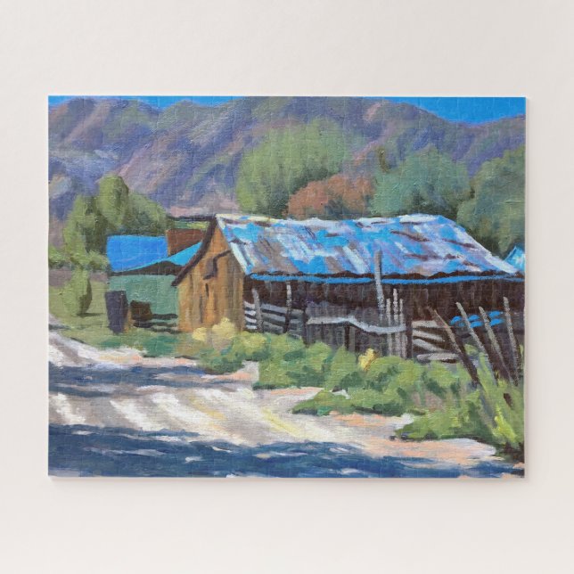 Farbenfrohe Scheune in Mountain Ranch Szene Jigsaw (Horizontal)