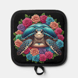 Farbenfrohe SchildkrötenIllustration umgeben von R Topflappen