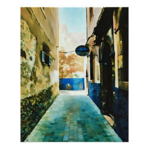 Farbenfrohe schmale Allee zwischen alten Gebäude Poster
