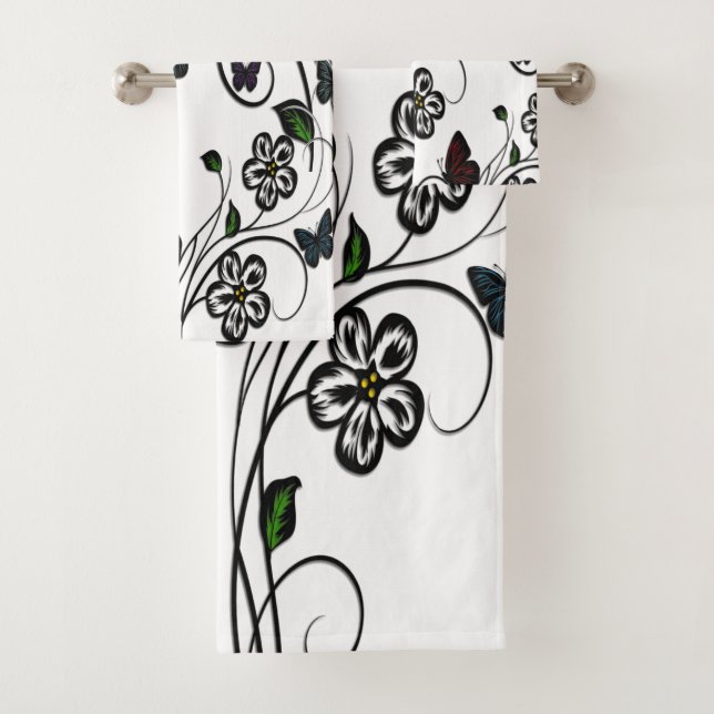 Farbenfrohe Schmetterlinge auf weißen Blume Badhandtuch Set (Insitu)
